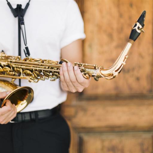 Close man holding tightly sax